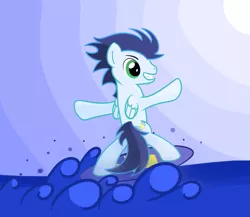 Size: 877x760 | Tagged: safe, artist:hip-indeed, derpibooru import, soarin', pony, bipedal, solo, surfing