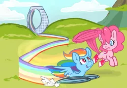 Size: 1000x692 | Tagged: safe, artist:mt, derpibooru import, pinkie pie, rainbow dash, pony, clothes, crossover, hilarious in hindsight, image, miles "tails" prower, parody, pinkie being pinkie, pinkie physics, pinkiecopter, png, shoes, sonic the hedgehog, sonic the hedgehog (series)