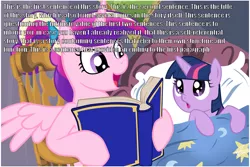 Size: 1024x683 | Tagged: safe, deleted from derpibooru, derpibooru import, princess cadance, twilight sparkle, alicorn, pony, unicorn, bed, bedtime story, book, cadance's bedtime stories, caption, duo, exploitable meme, female, filly, horn, image macro, looking up, meme, reading, self-reference, text, this is the title of this story, wings, younger