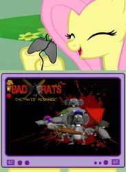 Size: 563x771 | Tagged: bad rats, derpibooru import, exploitable meme, fluttershy, fs doesn't know what she's getting into, gamershy, happy, meme, obligatory pony, safe, this will end in tears, tv meme, videogame meme