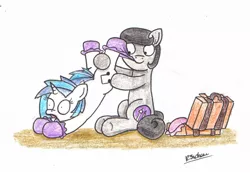 Size: 1024x709 | Tagged: safe, artist:bobthedalek, derpibooru import, vinyl scratch, oc, oc:mixed melody, oc:octavia's mother, earth pony, pony, unicorn, baby, booties, duo, female, mothers gonna mother, parent, struggling, suitcase, unamused, vinyl is not amused