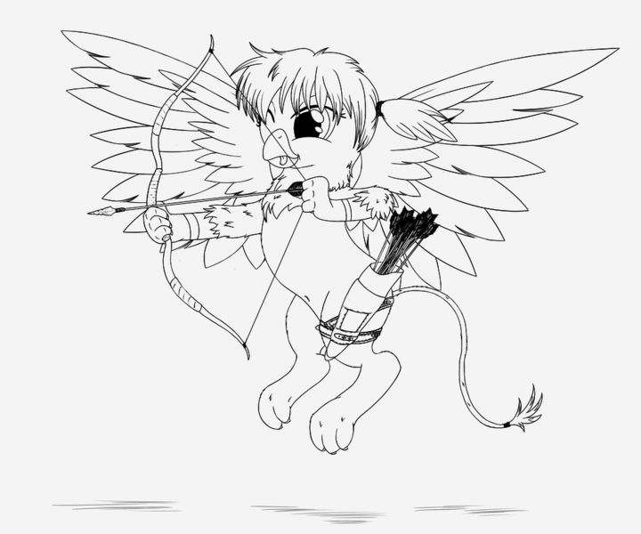 Size: 979x816 | Tagged: safe, artist:stinkehund, derpibooru import, oc, unofficial characters only, gryphon, arrow, bow and arrow, bow (weapon), female, monochrome, solo, weapon