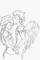 Size: 514x768 | Tagged: applejack, artist:midnight-silence, derpibooru import, female, human, humanized, kissing, male, monochrome, safe, shipping, soarin', soarinjack, straight, winged humanization, wings