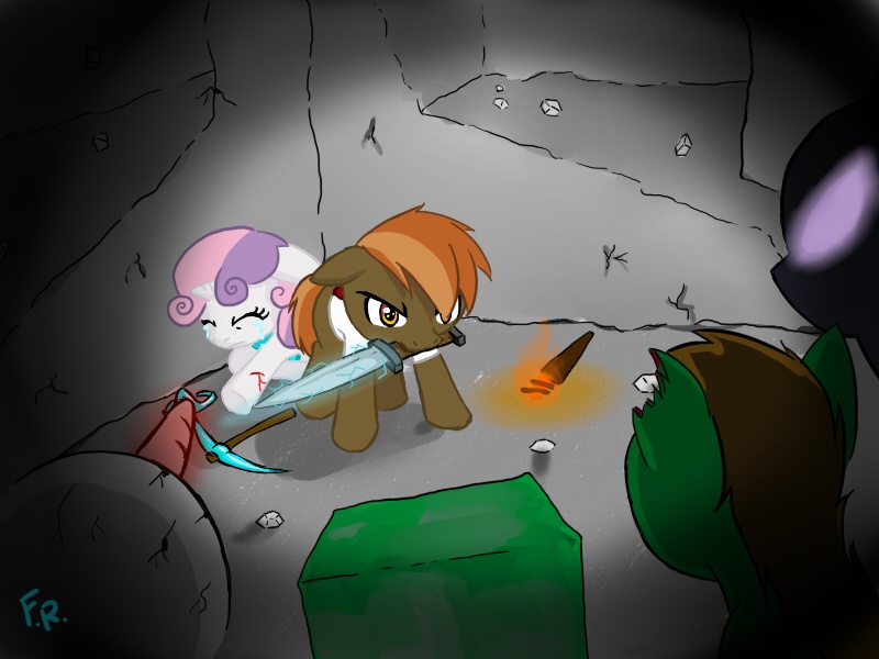 Size: 800x600 | Tagged: safe, artist:faulty-roze, derpibooru import, button mash, sweetie belle, ponified, earth pony, enderman, enderpony, pony, undead, unicorn, zombie, zombie pony, don't mine at night, against wall, blood, bone, colt, creeper, crying, cut, defending, diamond pickaxe, diamond sword, female, fight, filly, foal, male, minecraft, mouth hold, pickaxe, protecting, shipping, skeleton, straight, sweetiemash, sword, torch, weapon
