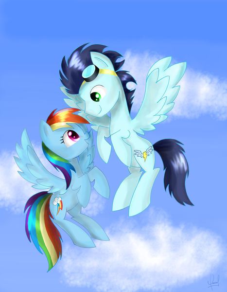 Size: 3422x4401 | Tagged: safe, artist:zorbitas, derpibooru import, rainbow dash, soarin', female, male, shipping, soarindash, straight