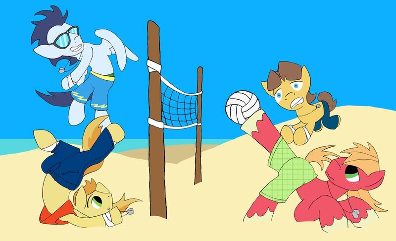 Size: 900x547 | Tagged: safe, artist:stileelits, derpibooru import, big macintosh, braeburn, caramel, soarin', earth pony, pony, beach, beach volleyball, caramac, clothes, gay, homoerotic beach volleyball, male, shipping, soarburn, sports, stallion, swimsuit, volleyball