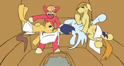 Size: 900x477 | Tagged: safe, artist:stileelits, derpibooru import, big macintosh, braeburn, caramel, soarin', earth pony, pony, caramac, floppy ears, gay, male, sauna, shipping, soarburn, stallion