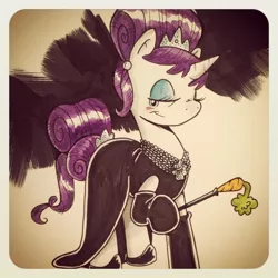 Size: 1024x1024 | Tagged: artist:katiecandraw, audrey hepburn, breakfast at tiffany's, carrot, cigarette holder, clothes, derpibooru import, food, hilarious in hindsight, holly golightly, rarity, safe, solo, traditional art