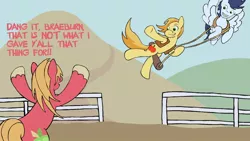 Size: 900x506 | Tagged: safe, artist:stileelits, derpibooru import, big macintosh, braeburn, soarin', earth pony, pony, dialogue, fence, gay, male, shipping, soarburn, stallion