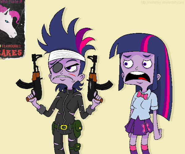 Size: 600x500 | Tagged: safe, artist:hellarmy, derpibooru import, twilight sparkle, equestria girls, it's about time, ak-47, assault rifle, bandage, dual wield, eyepatch, future twilight, gun, no trigger discipline, rifle, weapon