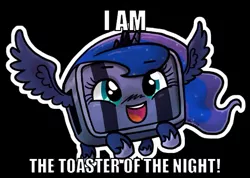 Size: 499x355 | Tagged: artist:zicygomar, balrog (cave story), caption, cave story, cute, derpibooru import, huzzah, image macro, princess luna, safe, solo, text, toaster, wat