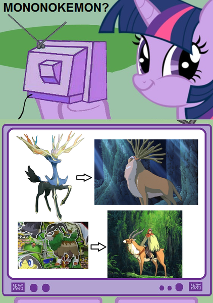 Size: 562x800 | Tagged: comparison, derpibooru import, exploitable meme, faic, gogoat, helioptile, meme, obligatory pony, pokémon, pokémon x and y, princess mononoke, safe, shishigami, smirk, tv meme, twiface, twilight sparkle, xerneas