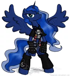 Size: 1070x1160 | Tagged: safe, artist:flutterthrash, derpibooru import, princess luna, alicorn, pony, anthrax, bipedal, dirty rotten imbeciles, hirax, kreator, metal, municipal waste, razor (band), sadus, sepultura, simple background, slayer, smiling, sodom (band), solo, testament