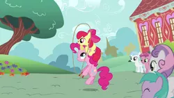 Size: 1280x720 | Tagged: a friend in deed, apple bloom, aura (character), cotton cloudy, derpibooru import, pinkie pie, ruby pinch, safe, screencap, skipping, smile song, sweetie belle