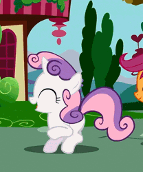 Size: 411x495 | Tagged: animated, cute, derpibooru import, diasweetes, happy, hearts and hooves day, hearts and hooves day (episode), jumping, safe, scootaloo, screencap, skipping, sweetie belle