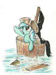 Size: 1691x2257 | Tagged: safe, artist:mcstalins, derpibooru import, lyra heartstrings, pony, unicorn, angry, crow's nest, flag, fluffy, hat, open mouth, pirate, shipwreck, solo