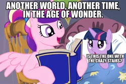 Size: 1012x672 | Tagged: safe, deleted from derpibooru, derpibooru import, princess cadance, twilight sparkle, alicorn, pony, unicorn, bed, bedtime story, book, cadance's bedtime stories, caption, duo, exploitable meme, female, filly, horn, image macro, looking up, meme, reading, text, the dark crystal, wings, younger