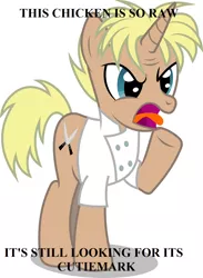 Size: 1100x1500 | Tagged: safe, artist:masem, derpibooru import, edit, idw, ponified, bird, chicken, pony, unicorn, caption, gordon ramsay, hell's kitchen, implied scootachicken, male, meme, solo, stallion