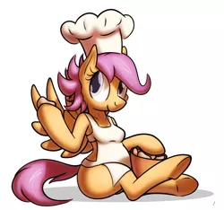Size: 800x750 | Tagged: anthro, apron, artist:tg-0, chef's hat, chicken meat, chicken nugget, clothes, derpibooru import, food, hat, meat, naked apron, safe, scootachicken, scootaloo, sitting, solo