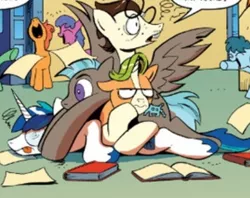 Size: 504x400 | Tagged: safe, derpibooru import, idw, 8-bit (character), gaffer, gizmo, shining armor, earth pony, pegasus, pony, unicorn, spoiler:comic, spoiler:comic11, annoyed, coat markings, not gay, pony pile, socks (coat marking), space invaders, taito