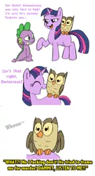 Size: 716x1315 | Tagged: artist:mickeymonster, comic, derpibooru import, owlowiscious, owl's well that ends well, safe, scene interpretation, spike, subtitles, twilight sparkle, vulgar