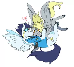 Size: 990x886 | Tagged: safe, artist:techtechno, derpibooru import, derpy hooves, soarin', pegasus, pony, blushing, clothes, derpin', female, goggles, heart, holding, kissing, male, mare, necktie, shipping, shirt, straight