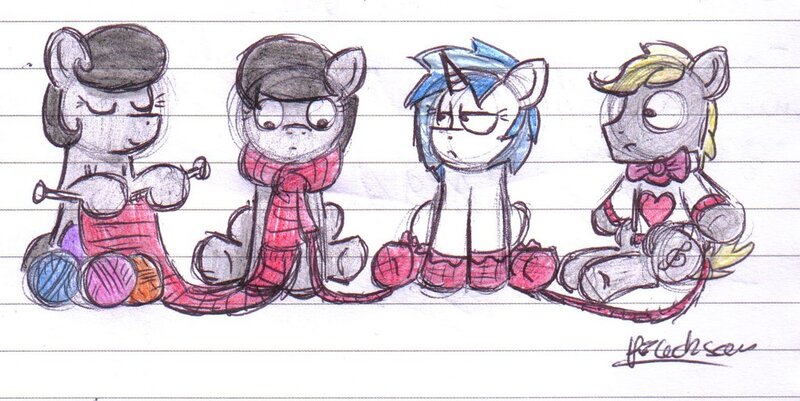 Size: 1024x513 | Tagged: safe, artist:bobthedalek, derpibooru import, octavia melody, vinyl scratch, oc, oc:mixed melody, oc:octavia's father, oc:octavia's mother, oc:ostinato melody, earth pony, pony, unicorn, background pony, booties, boots, clothes, female, knitting, male, mare, mothers gonna mother, scarf, shoes, stallion, sweater, unamused, vinyl is not amused, wool