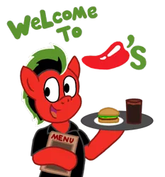 Size: 875x938 | Tagged: safe, artist:sketchymouse, derpibooru import, oc, ponified, unofficial characters only, pony, burger, chili's, drink, food, hamburger, menu, pepper, plate, restaurant, sandwich, solo, waiter