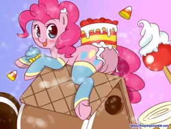 Size: 1500x1136 | Tagged: artist:pijinpyon, butt, cake, caramel apple (food), cupcake, derpibooru import, featureless crotch, female, food, foodplay, frosting, gingerbread house, pinkie pie, plot, solo, solo female, suggestive