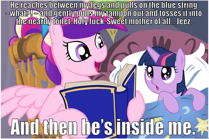 Size: 1024x683 | Tagged: questionable, deleted from derpibooru, derpibooru import, princess cadance, twilight sparkle, alicorn, pony, unicorn, bed, bedtime story, book, cadance's bedtime stories, caption, duo, exploitable meme, female, fifty shades of grey, filly, horn, image macro, looking up, meme, reading, text, wings, younger