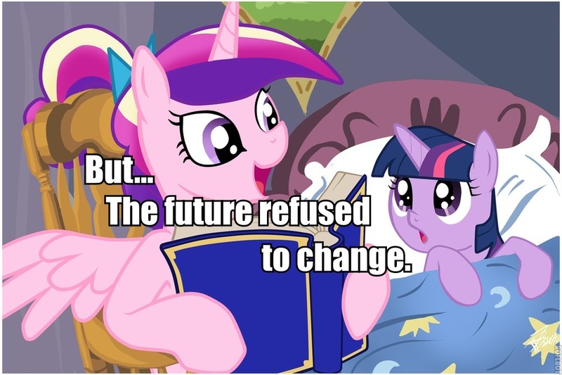 Size: 960x640 | Tagged: safe, deleted from derpibooru, derpibooru import, princess cadance, twilight sparkle, alicorn, pony, unicorn, bed, bedtime story, book, cadance's bedtime stories, caption, chrono trigger, duo, exploitable meme, female, filly, horn, image macro, looking up, meme, reading, text, wings, younger