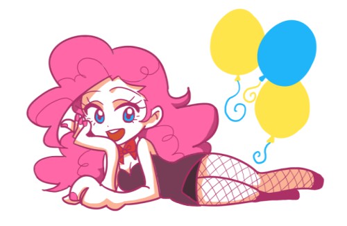 Size: 500x326 | Tagged: artist:kairean, bare shoulders, bowtie, derpibooru import, female, human, humanized, light skin, lying down, nail polish, open mouth, pinkie pie, pinkie pie's cutie mark, safe, simple background, solo, white background