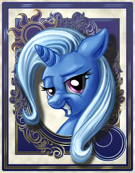 Size: 700x900 | Tagged: safe, artist:harwick, derpibooru import, trixie, pony, unicorn, harwick's sun/moon portraits, bedroom eyes, bust, female, grin, looking at you, mare, portrait, smiling, smirk, solo