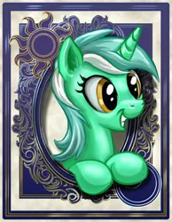 Size: 700x900 | Tagged: safe, artist:harwick, derpibooru import, lyra heartstrings, pony, unicorn, harwick's sun/moon portraits, bust, excited, grin, portrait, smiling, solo