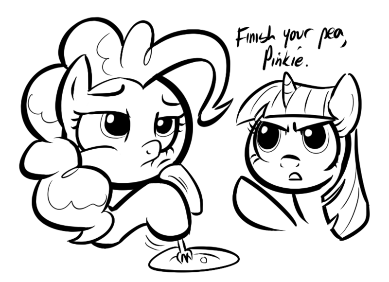 Size: 808x586 | Tagged: artist:shoutingisfun, derpibooru import, eat your buckin' peas professor!, food, monochrome, pea, pinkie pie, safe, the powerpuff girls, twilight sparkle