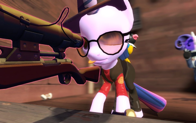 Size: 960x600 | Tagged: 3d, artist:pinkie diane roosevelt phd, chatot, derpibooru import, gmod, gun, nintendo, pokémon, rarispy, rarity, safe, sniper, sunglasses, team fortress 2, twilight sniper, twilight sparkle, weapon