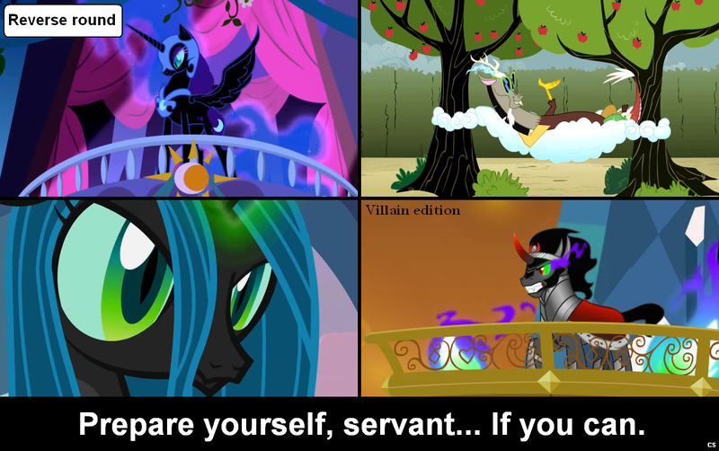 Size: 1282x805 | Tagged: caption, changeling, changeling queen, comic:celestia's servant interview, derpibooru import, discord, female, interview, king sombra, meta, nightmare moon, queen chrysalis, safe