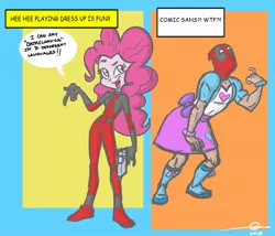 Size: 1126x966 | Tagged: safe, derpibooru import, pinkie pie, equestria girls, accessory swap, clothes swap, comic sans, crossdressing, crossover, crossover shipping, deadpool, female, male, pinkiepool (pairing), straight
