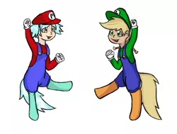 Size: 923x698 | Tagged: artist needed, clothes, cosplay, costume, derpibooru import, drawthread, luigi, mario, mario & luigi, /mlp/, oc, oc:cinnamon cider, oc:hope, parent:applejack, parent:lyra heartstrings, safe, satyr, super mario bros., unofficial characters only