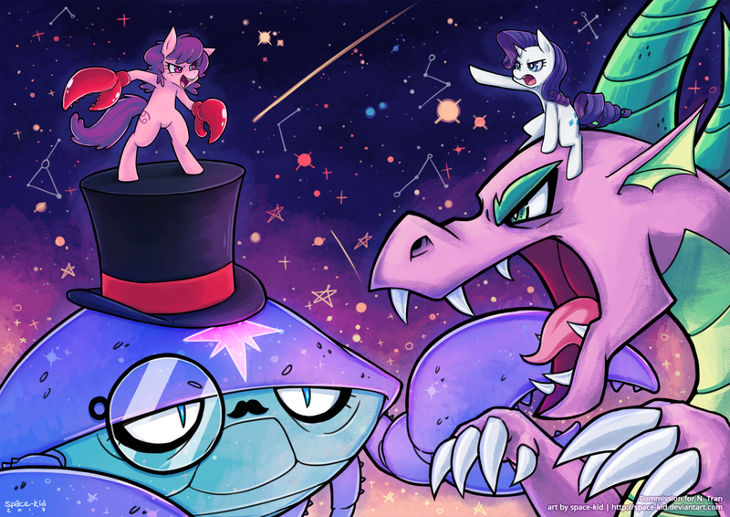 Size: 1273x900 | Tagged: artist:jopiter, cancer (horoscope), classy, crab, derpibooru import, facial hair, fight, giant crab, hat, like a sir, monocle, monocle and top hat, monster, moustache, older, older spike, ponyscopes, rarity, rarity fighting a giant crab, riding, safe, spike, top hat, zodiac