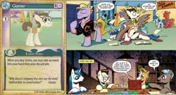 Size: 1011x550 | Tagged: safe, derpibooru import, idw, 8-bit (character), bon bon, buck withers, gaffer, gizmo, lyra heartstrings, shining armor, sweetie drops, earth pony, pegasus, pony, unicorn, neigh anything, spoiler:comic, spoiler:comic11, 8-bit, ccg, dungeons and dragons, enterplay, female, grease (musical), hasbro, heartstrings, honey dew (drink), laughing, male, mare, merchandise, mlp trading card game, musical reference, name, names, ogres and oubliettes, pen and paper rpg, pony pile, pun, rpg, stallion