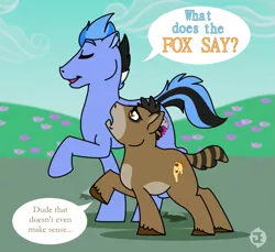 Size: 933x856 | Tagged: safe, artist:kibaandme, derpibooru import, ponified, fox, pony, mordecai, mordecai and rigby, regular show, rigby, song reference, the fox, what does the fox say?, ylvis