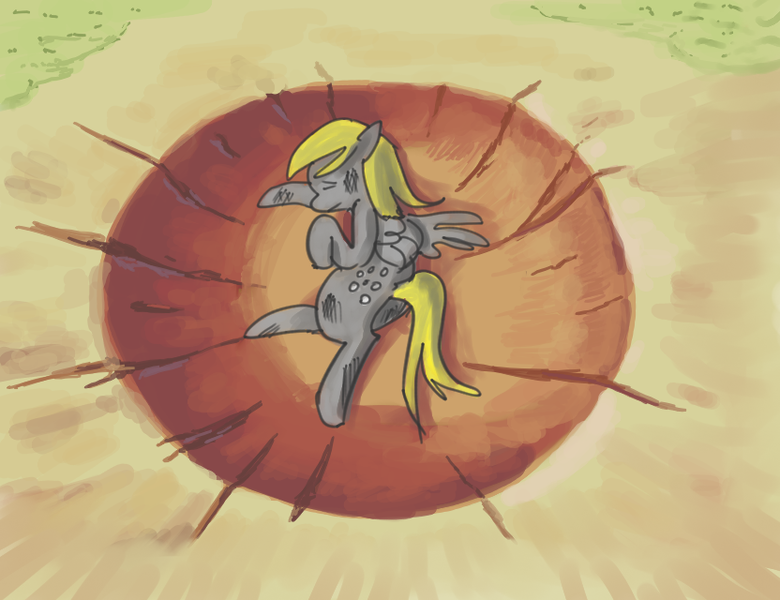 Size: 832x640 | Tagged: safe, artist:ciircuit, derpibooru import, derpy hooves, pegasus, pony, crater, dragon ball z, female, impact, mare, solo, yamcha, yamcha's death pose