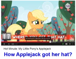 Size: 658x512 | Tagged: applejack, applejack's hat, caption, cowboy hat, derpibooru import, edit, edited screencap, hat, hot minute, meme, safe, screencap, youtube caption