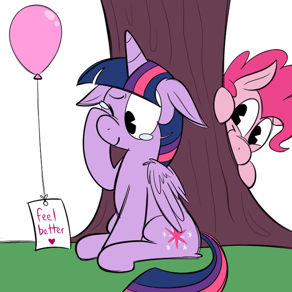 Size: 700x700 | Tagged: safe, artist:karpet-shark, derpibooru import, pinkie pie, twilight sparkle, twilight sparkle (alicorn), alicorn, pony, twily-daily, balloon, feel better, female, mare, note, tree