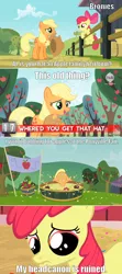 Size: 800x1809 | Tagged: apple bloom, applejack, applejack's hat, cowboy hat, derpibooru import, hat, hot minute, hot topic, meme, safe