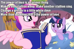 Size: 1016x677 | Tagged: safe, deleted from derpibooru, derpibooru import, princess cadance, twilight sparkle, alicorn, pony, unicorn, 80s, bed, bedtime story, book, cadance's bedtime stories, caption, duo, exploitable meme, female, filly, horn, huey lewis and the news, image macro, looking up, lyrics, meme, reading, text, the power of love, wings, younger