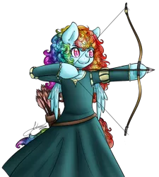 Size: 1260x1400 | Tagged: safe, artist:fatcakes, derpibooru import, rainbow dash, pegasus, pony, alternate hairstyle, archer dash, arrow, bipedal, bow (weapon), bow and arrow, brave, crossover, disney, disney princess, female, mare, merida, pixar, signature, simple background, solo, transparent background, underhoof, weapon