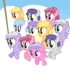 Size: 258x269 | Tagged: safe, derpibooru import, screencap, alula, cotton cloudy, cupid (character), mango dash, pinkie feather, sweet pop, tornado bolt, pony, the cutie mark chronicles, animated, background pony, cheering, cropped, duplicate, duplication, facial expressions, female, filly, huehuehue, off model, when you see it