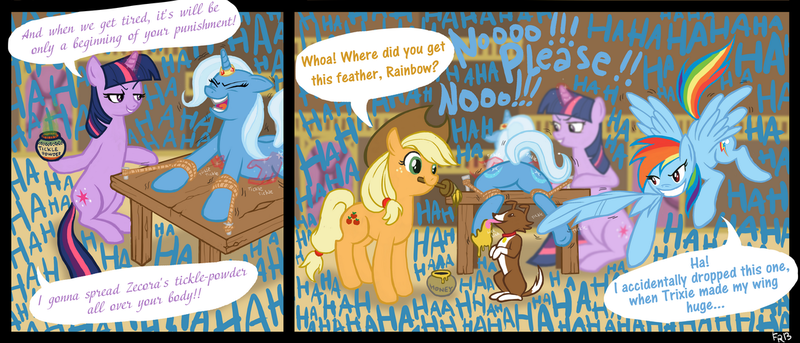 Size: 1215x521 | Tagged: suggestive, artist:fr-13, derpibooru import, applejack, rainbow dash, trixie, twilight sparkle, winona, 2 panel comic, a bajillion ha's, bedroom eyes, bondage, butt, comic, eyes closed, feather, fetish, floppy ears, food, grin, hand, honey, hoof tickling, hooves, horn, horn ring, licking, magic, magic hands, magic suppression, mouth hold, open mouth, plot, ring, rope, smiling, smirk, tickle fetish, tickle powder, tickle torture, tickling, tongue out, underhoof